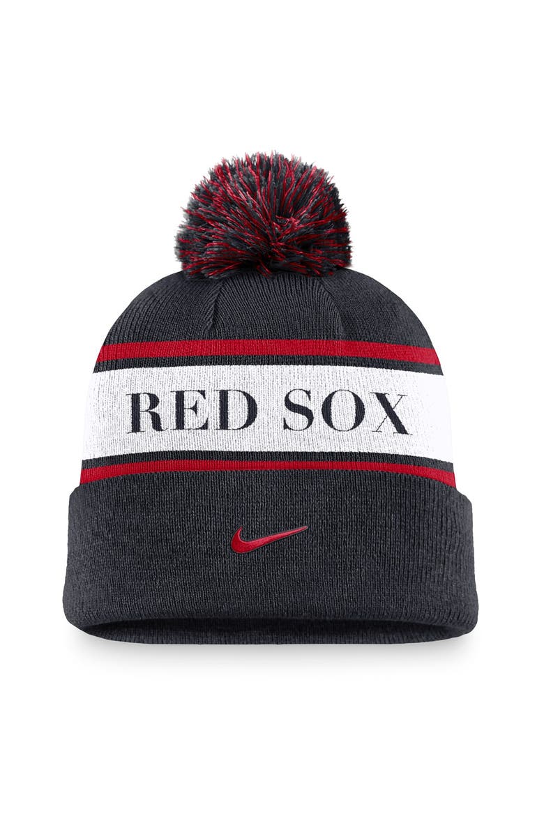 Men's Nike Navy Boston Red Sox Team Stripe Peak Cuffed Knit Hat with Pom, Alternate, color, Navy