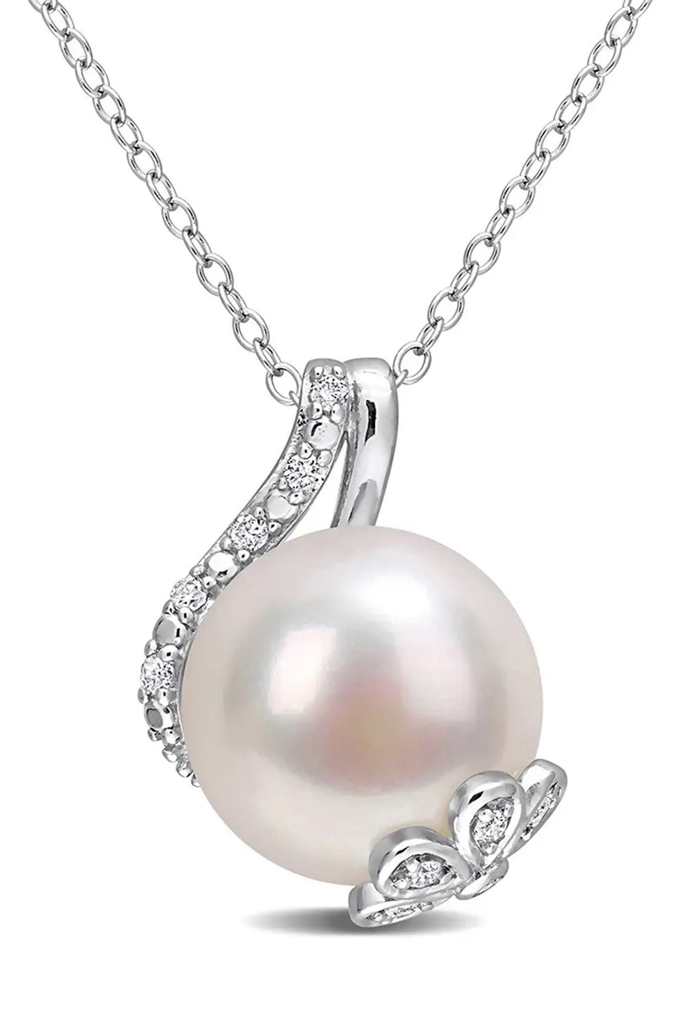 DELMAR Sterling Silver Diamond & 12-12.5mm White Freshwater Pearl Pendant Necklace