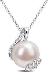 DELMAR Sterling Silver Diamond & 12-12.5mm White Freshwater Pearl Pendant Necklace