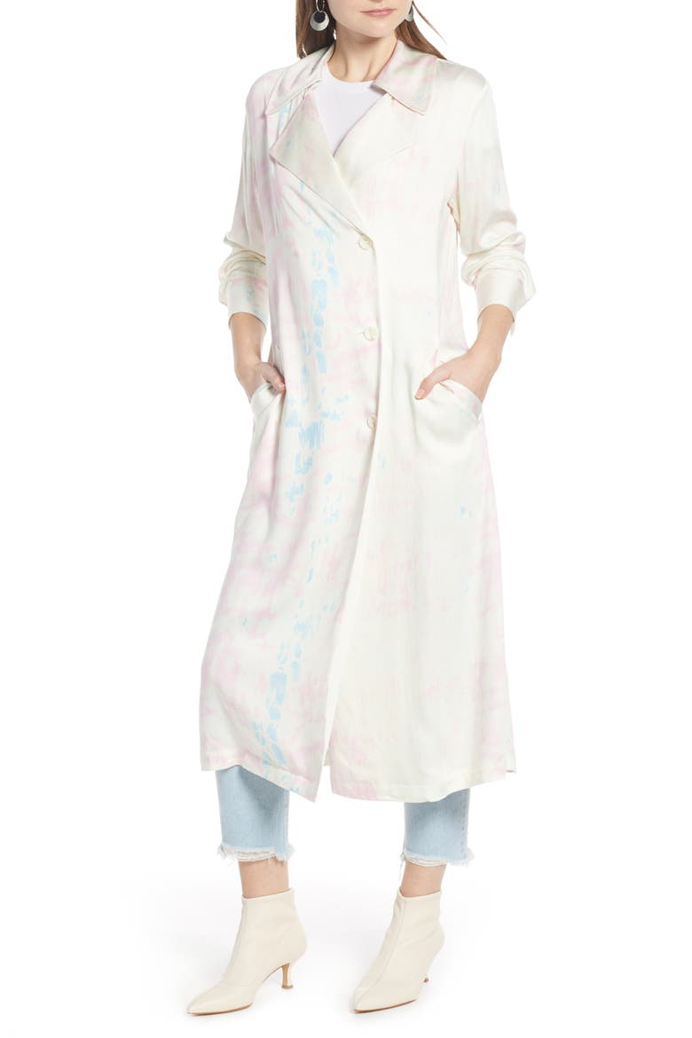 Satin Trench Coat (Nordstrom Exclusive), Alternate, color, PINK CHIFFON TIE DYE