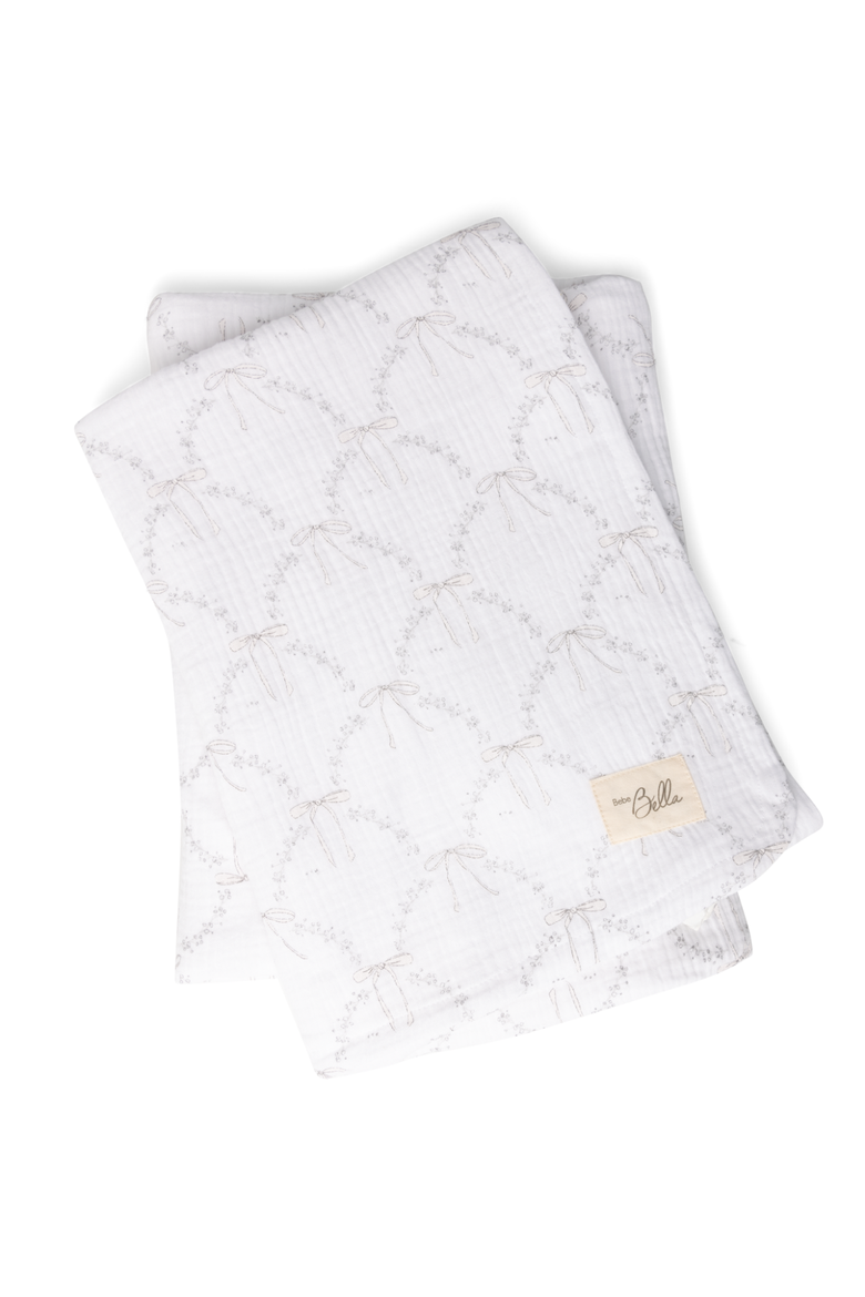 Bow Print Cotton Knit Swaddle, Main, color, White