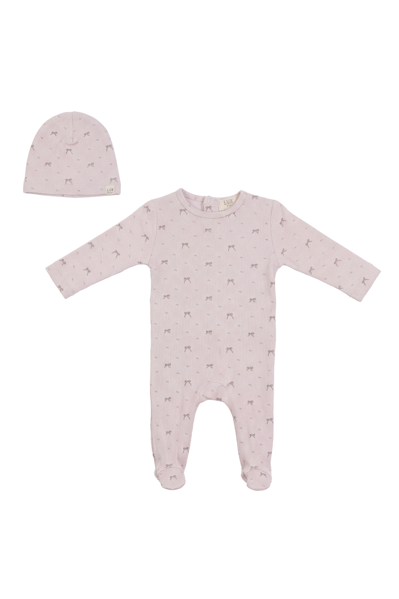 Bow Snap Back Footed Romper and Hat Set, Main, color, Primrose