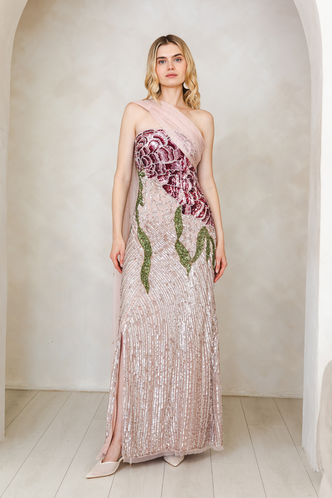 Natalia Asymmetric Embellished Cape Maxi Dress