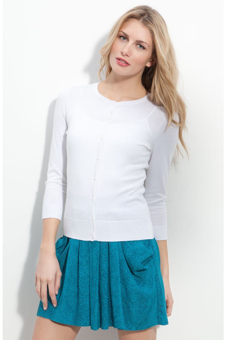 Three Quarter Sleeve Crewneck Cardigan, Main, color, WHITE