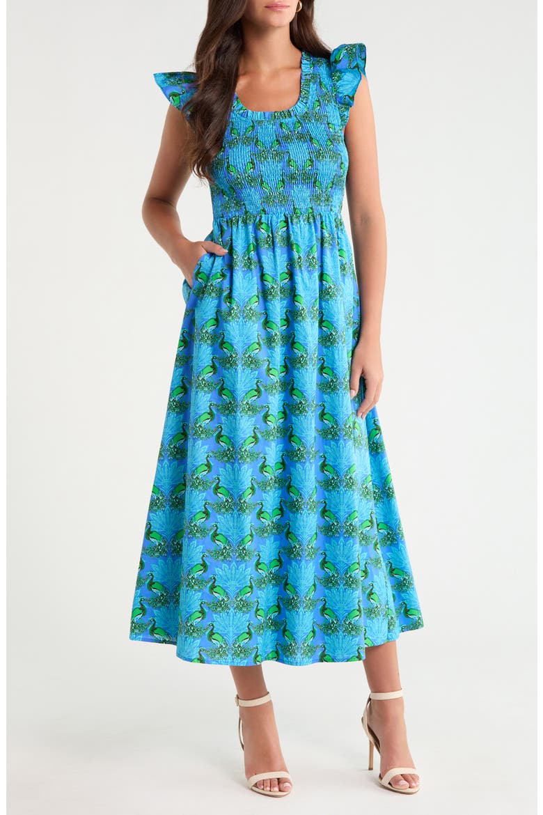 Sherly Floral Smock Bodice Cotton Dress, Main, color, BLUE-GREEN