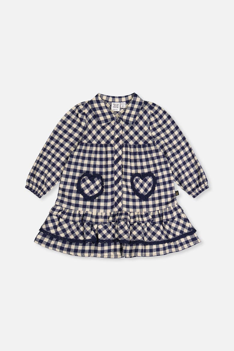 Gingham Frilled Heart Pocket Shirt Dress, Main, color, Blue and White Gingham Print