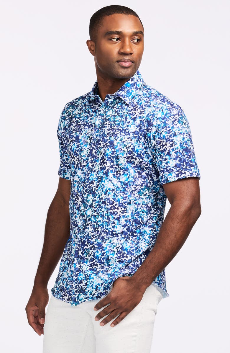 Robert Graham Abstract Print Stretch Cotton Short Sleeve Button-Up Shirt, Alternate, color, Blue