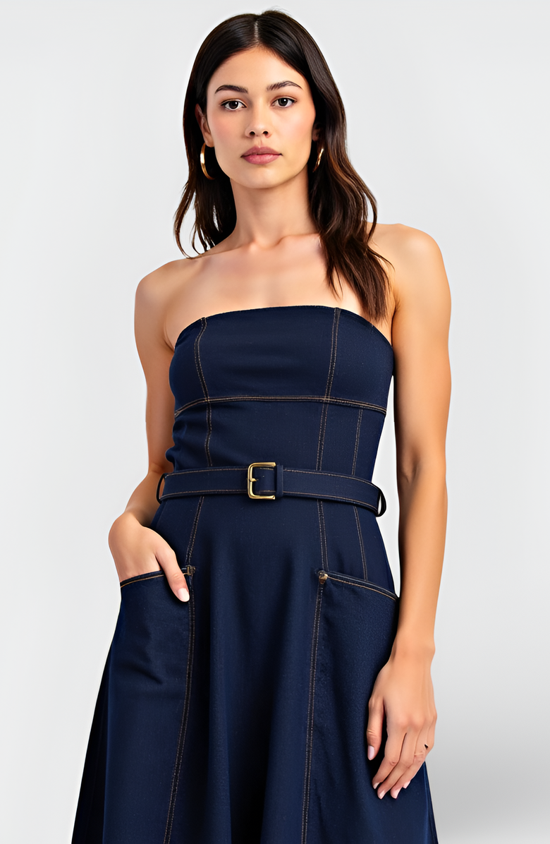 Modenaire Strapless Denim Midi Dress with Belted Waist, Contrast Stitching and Pockets, Alternate, color,