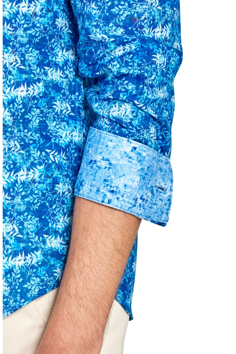 Abstract Leaf Print Mandarin Collar Shirt, Alternate, color, LIGHT BLUE/ NAVY