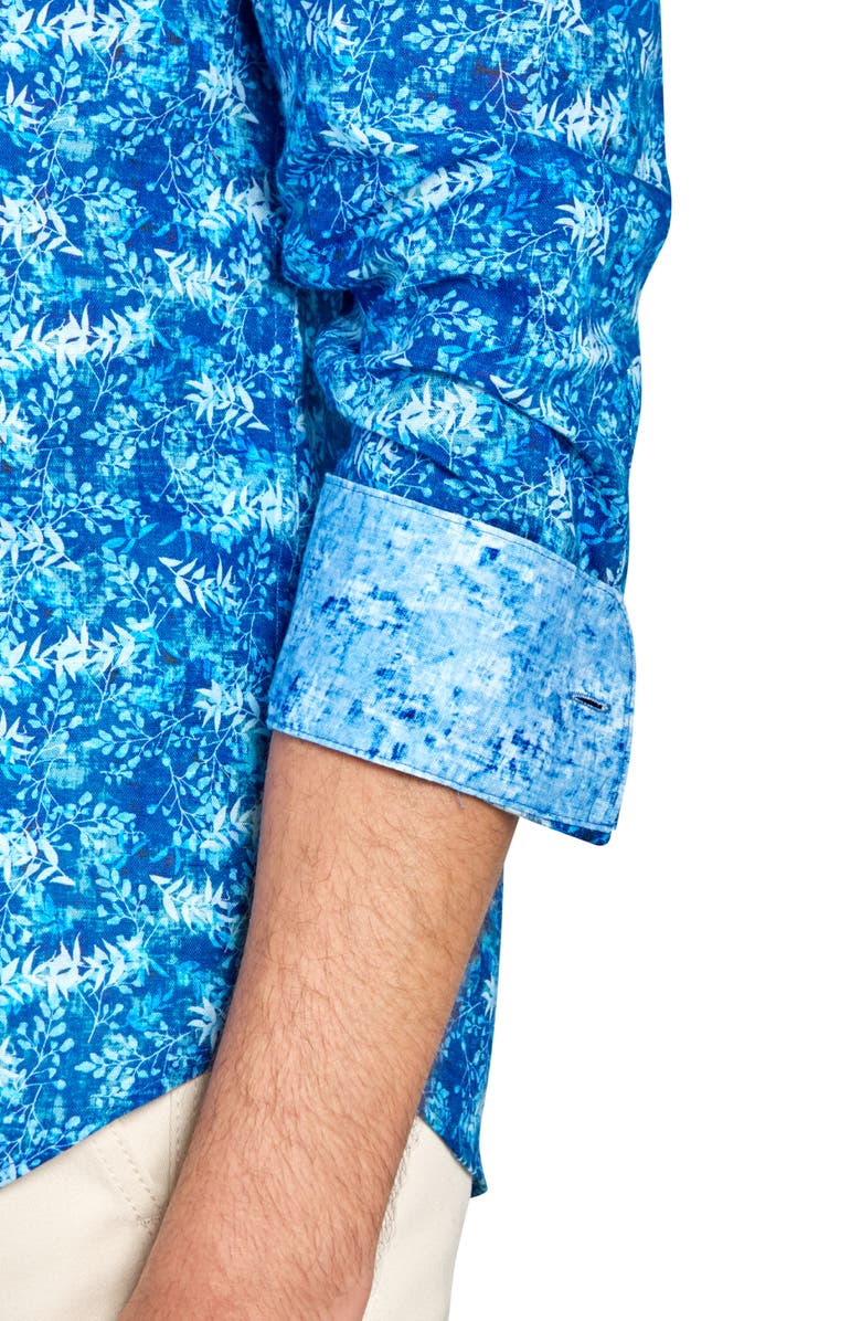 Brooklyn Brigade Abstract Leaf Print Mandarin Collar Shirt, Alternate, color, Light Blue/ Navy