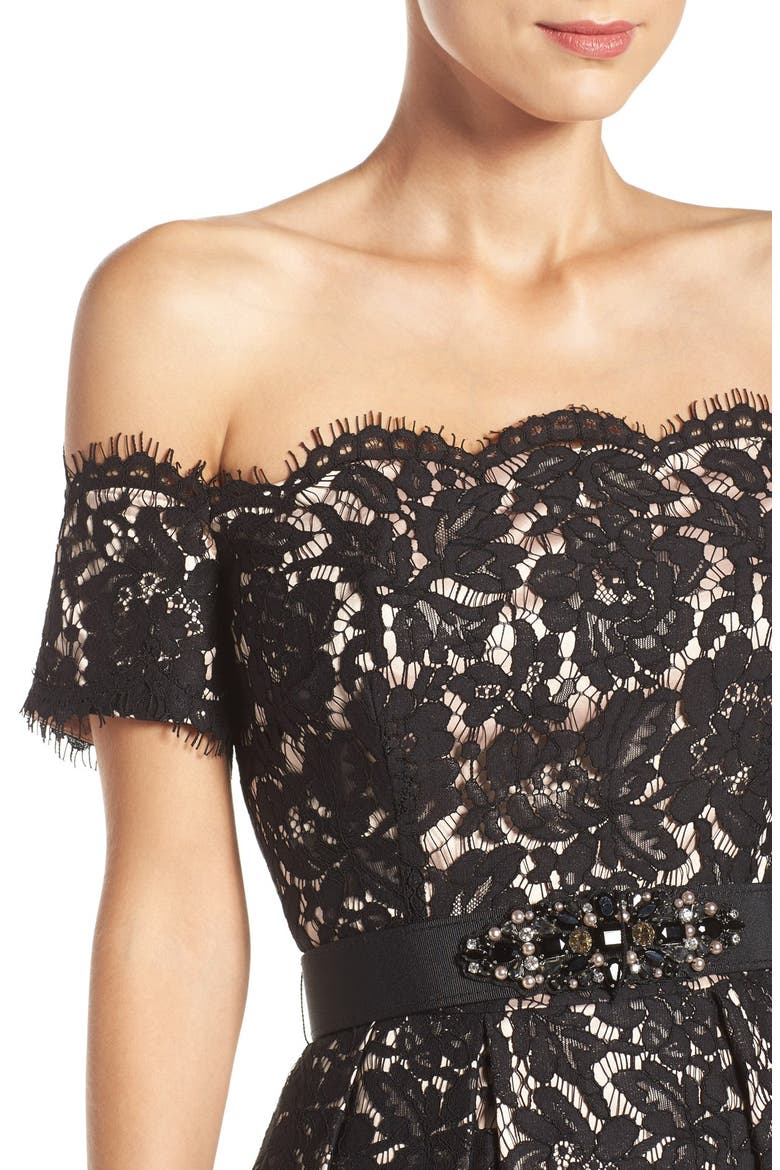 Embellished Lace Fit & Flare Dress, Alternate, color, BLACK/ TAN