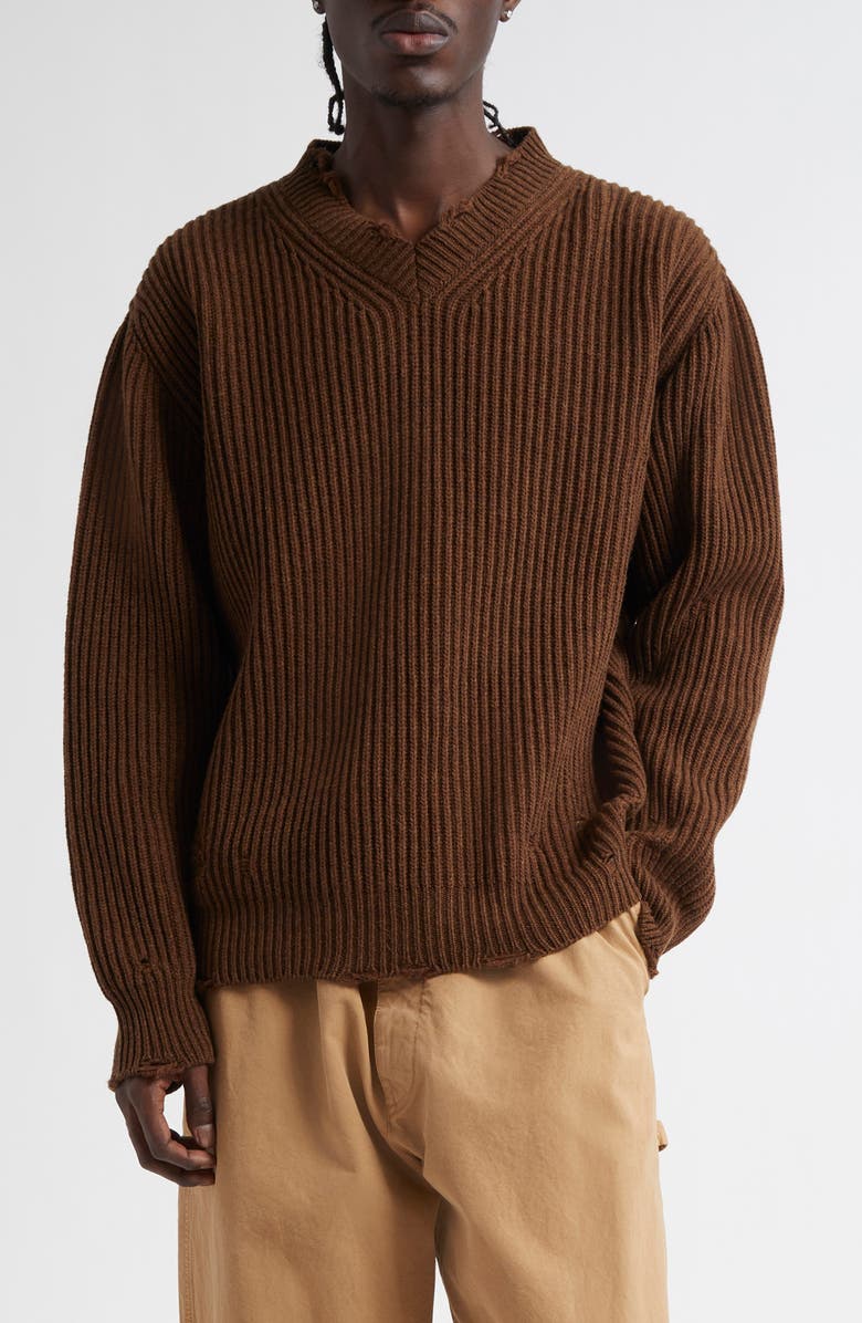MM6 Maison Margiela Distressed Wool Blend V-Neck Sweater, Main, color, Brown Melange