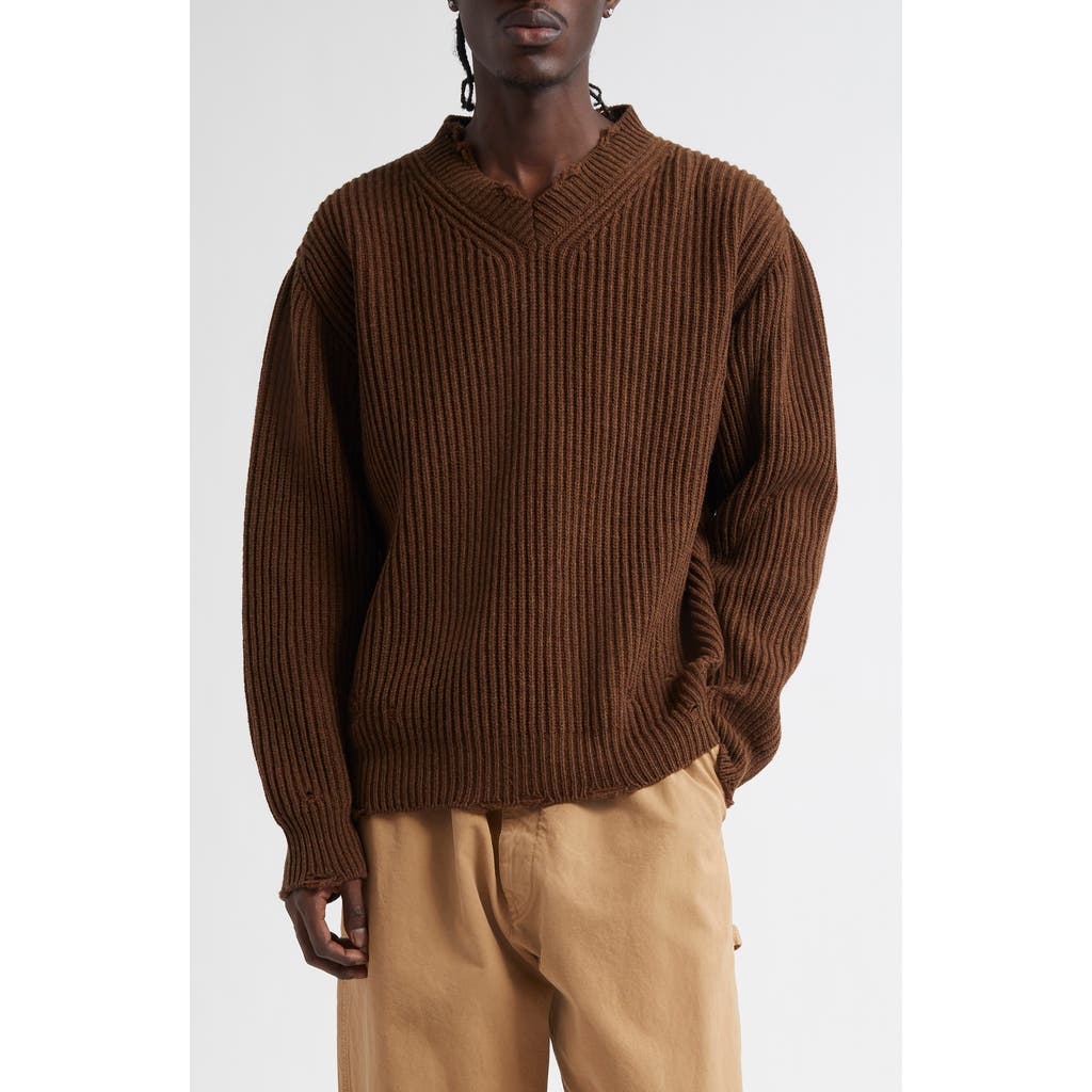 MM6 Maison Margiela Distressed Wool Blend V-Neck Sweater in Brown Melange  product