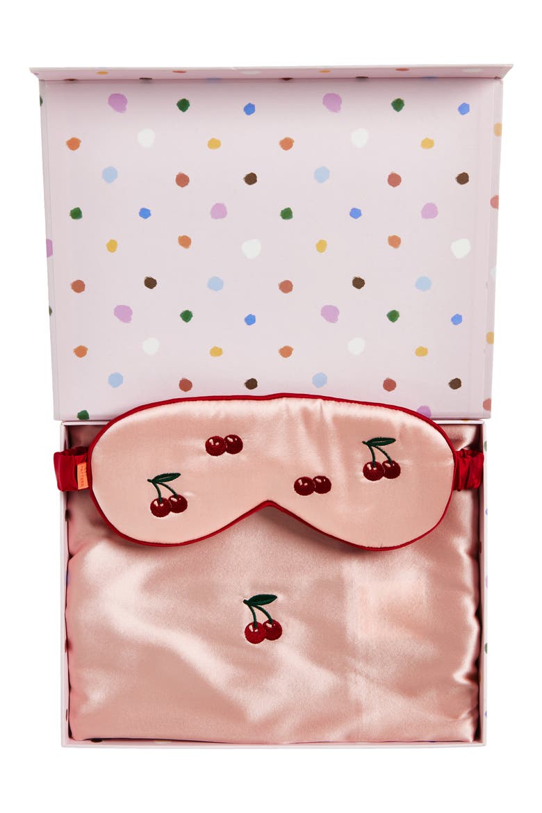 Embroidered Satin Pillowcase & Sleep Mask Set, Alternate, color, PINK CHERRIES
