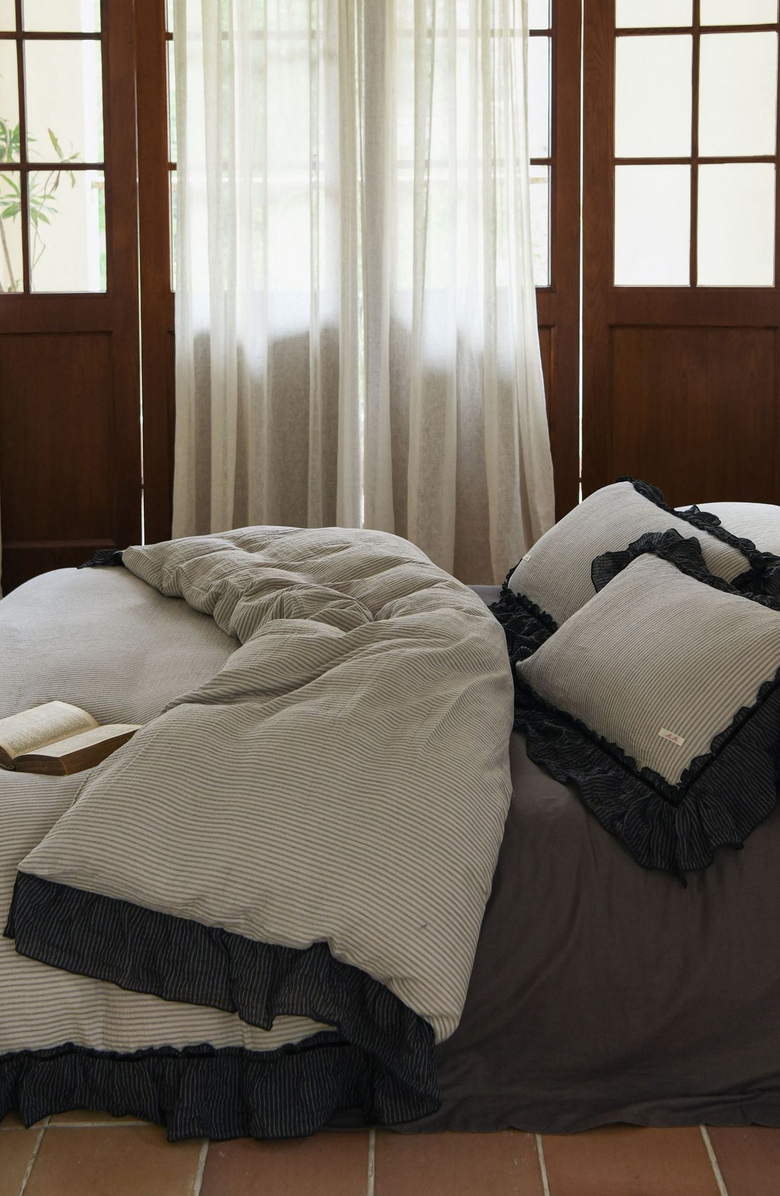 Ever Lasting Stripe Ruffle Lace Bedding Set, Alternate, color, Gray Stripe / Ruffle