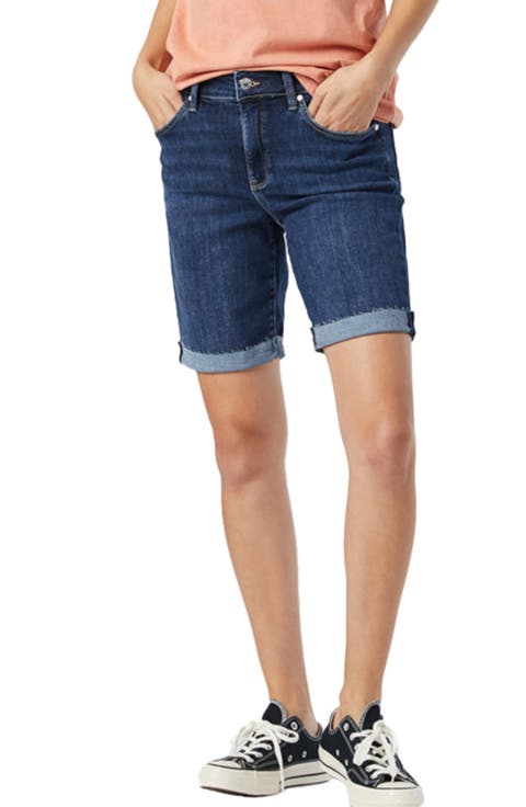 Alexis Raw Hem Denim Bermuda Shorts (Dark Frayed Hem Feather Blue)