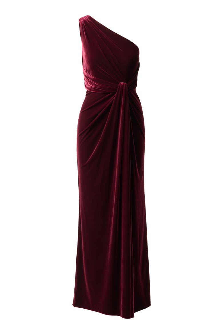 One Shoulder Stretch Velvet Twist Knot Draped Gown, Alternate, color, BORDEAUX