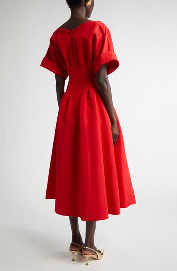 Gathered Waist Silk Faille Midi Dress