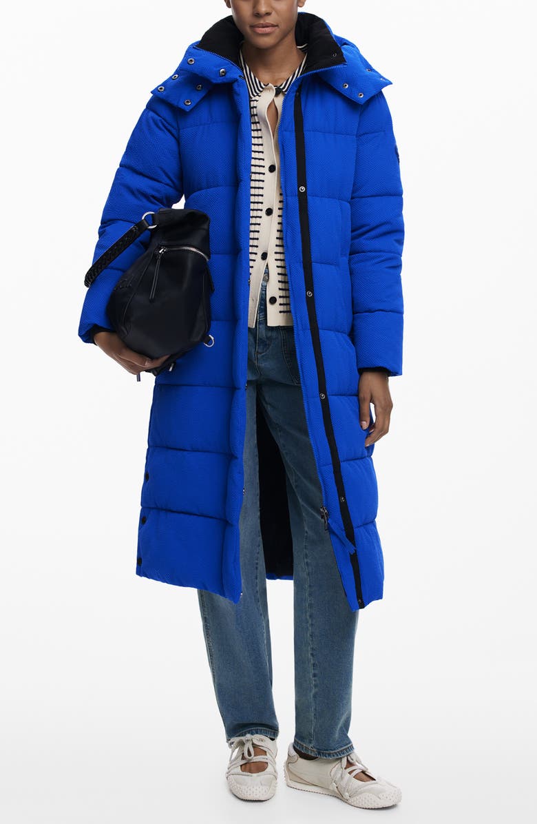 Desigual Quilted Puffer Longline Coat with Removable Hood, Main, color, Klein Blue