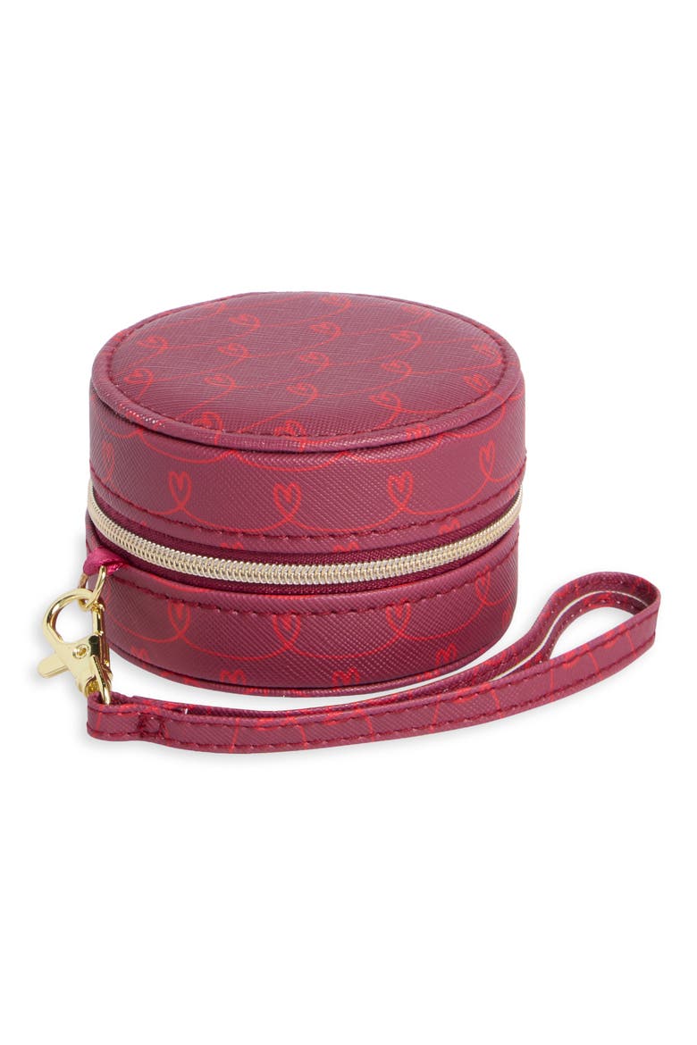 Mini Round Jewelry Box, Main, color, BURGUNDY- RED HEARTS