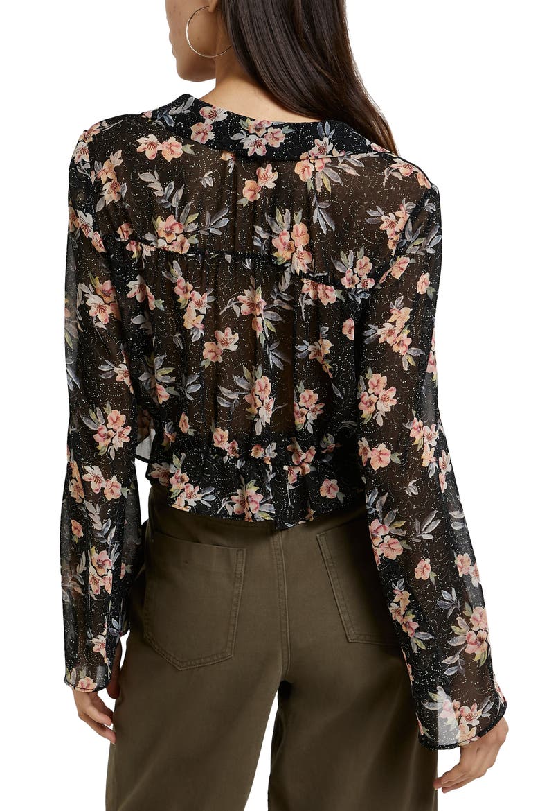 Print Tie Front Crop Blouse, Alternate, color, BLACK