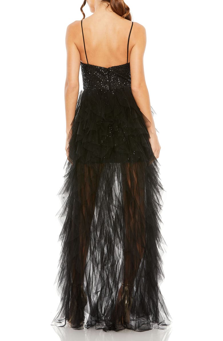 Mac Duggal Ruffle High Low Tiered Train Sequin Mini Dress, Alternate, color, Black