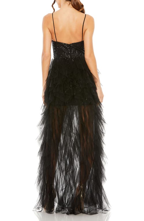 Mac Duggal Women's Ieena Sequin Mini Dress With High Low Ruffle Tiered Train In Black