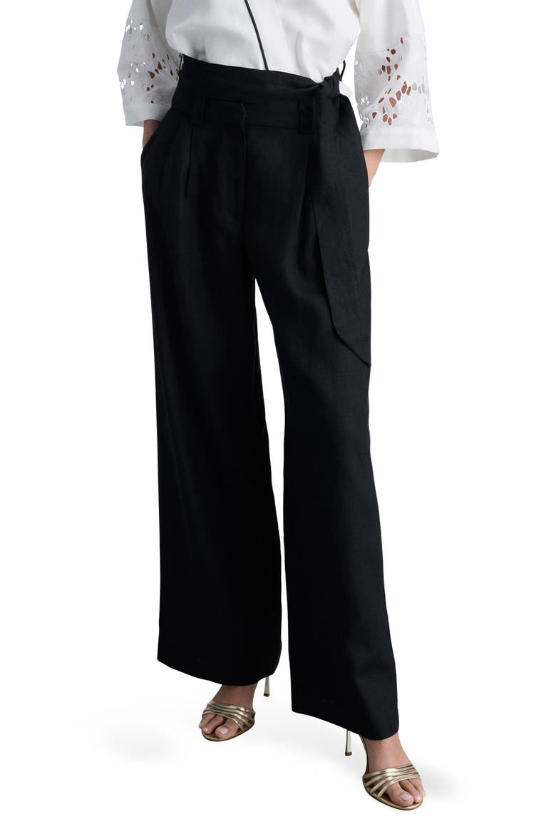 Contrast Piped Wide Leg Linen Pants, Main, color, BLACK