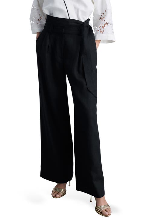 Contrast Piped Wide Leg Linen Pants
