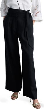 MANGO Contrast Piped Wide Leg Linen Pants