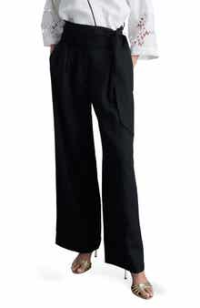 MANGO Contrast Piped Wide Leg Linen Pants