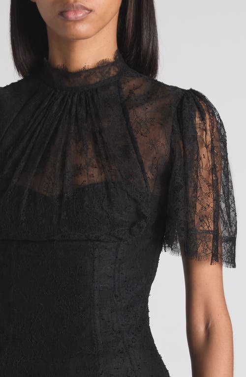 Alexander Mcqueen High Neck Sheer Lace Short Sleeve Top In Black