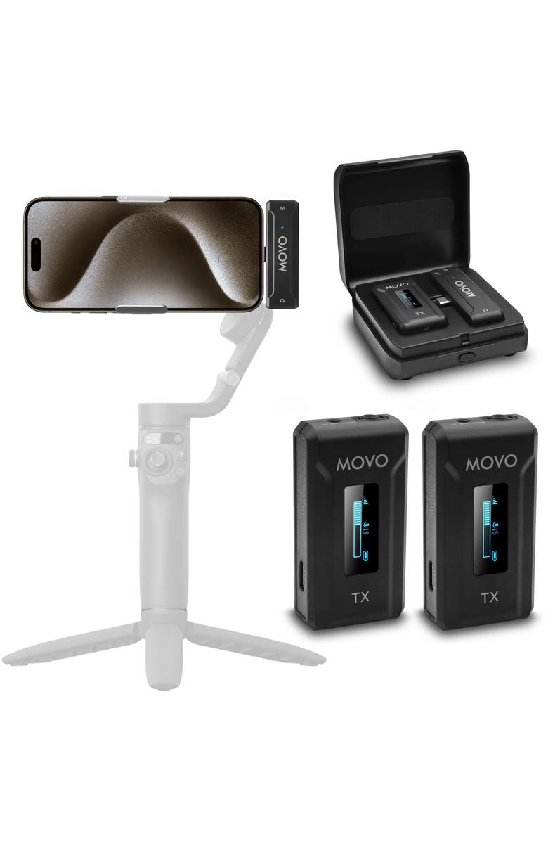 MOVO WMX-2-C-DUO Dual Wireless Lavalier Microphone System with Charging Case for iPhone 15 and up, Main, color, Black