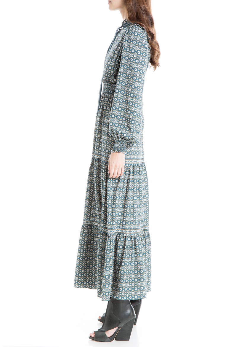 Elbow Sleeve Tier Maxi Dress, Alternate, color, TEAL GRAPHIC SUNFLOWER