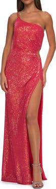 La Femme One Shoulder Sequin Dress with Circle Cut Out in Neon