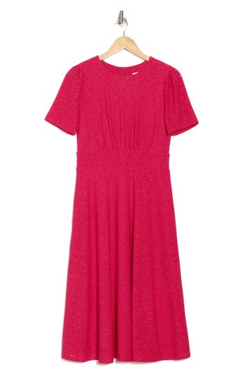 London Times Plus Size Eyelet Jersey Short-sleeve Midi Dress In Rose Red