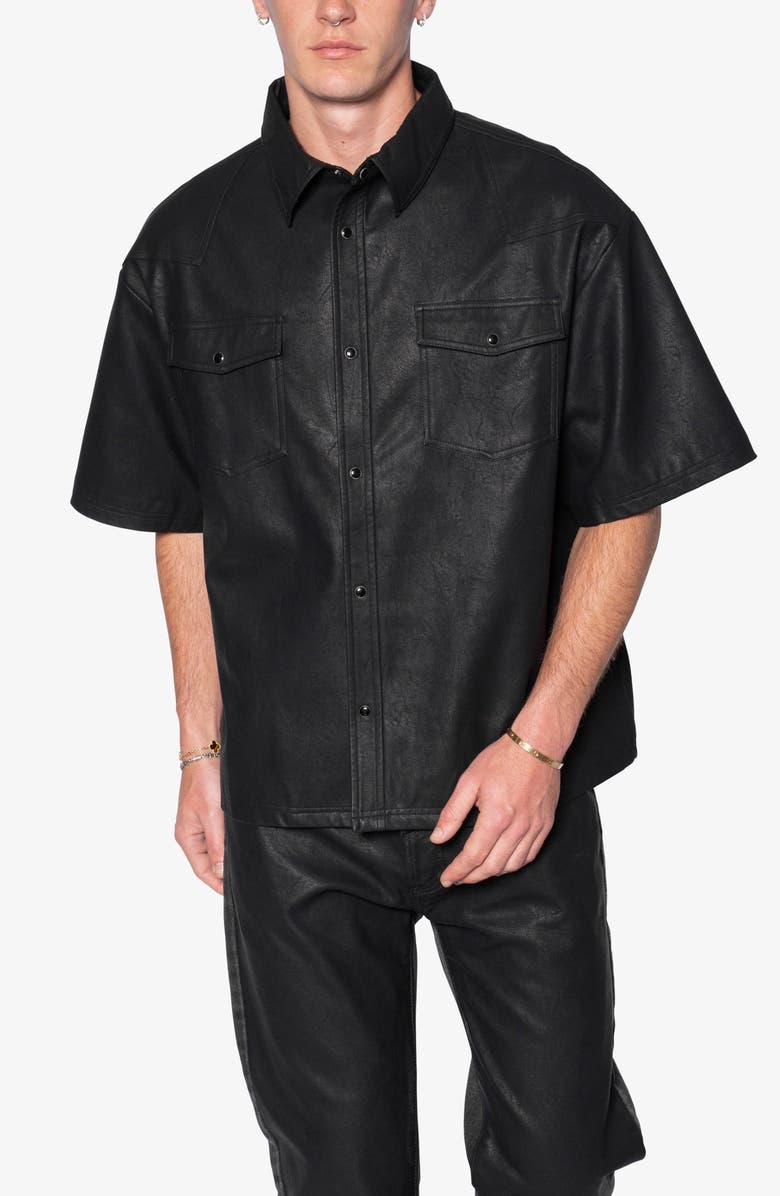 mnml Short Sleeve Faux Leather Shirt, Alternate, color, Black