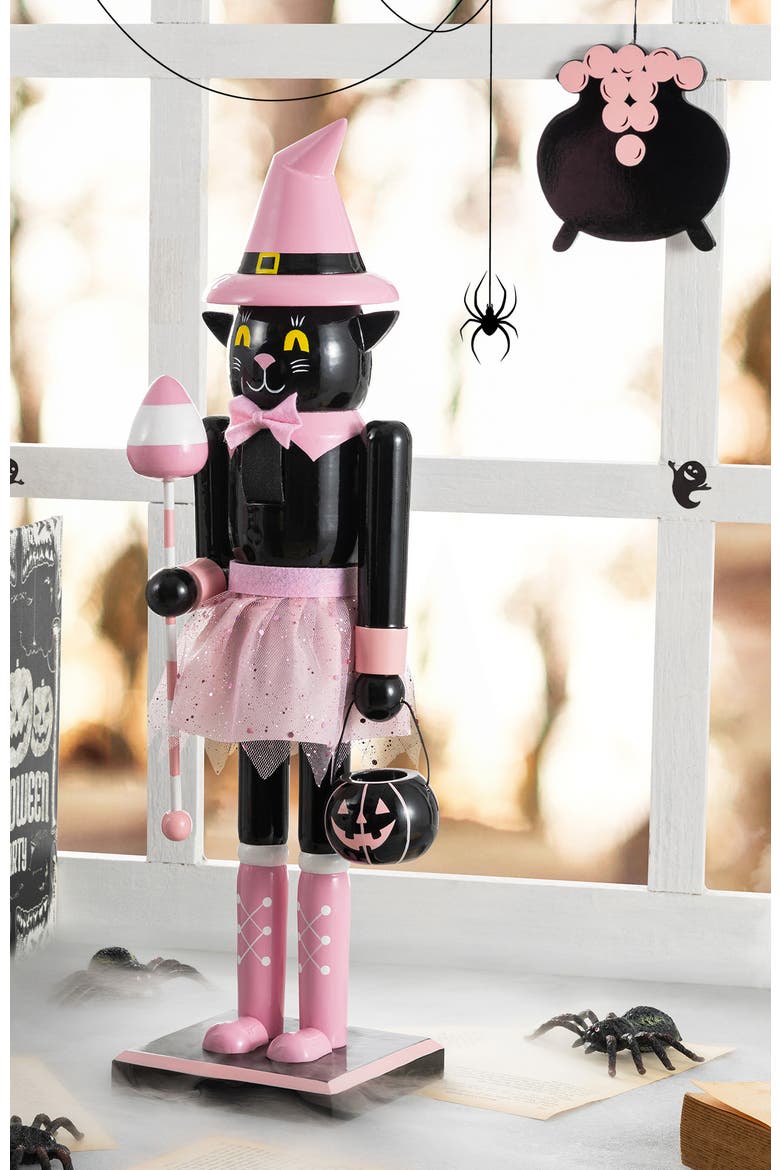 Halloween Wooden Black Cat Nutcracker with Pumpkin Ornament, Alternate, color, Pink