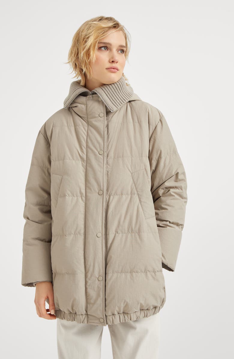 Brunello Cucinelli Water-resistant techno cotton hooded down jacket with shiny zipper pull, Alternate, color, 