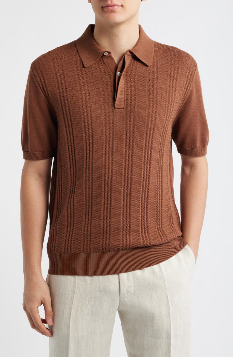 Canali Ribbed Cotton Blend Polo Sweater, Main, color, Light Brown