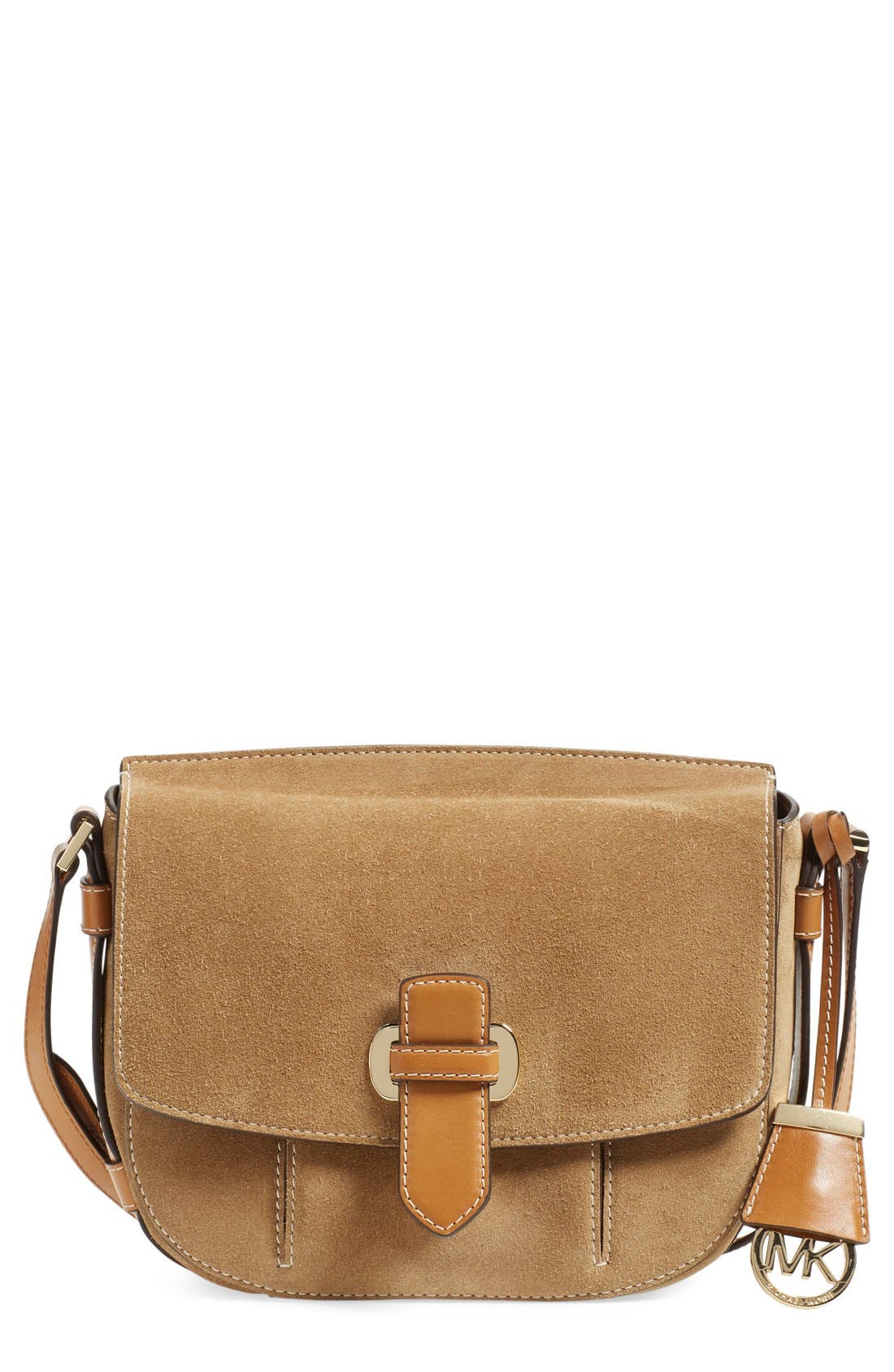 'Medium Romey' Suede Messenger Bag, Main, color, DESERT/ GOLD