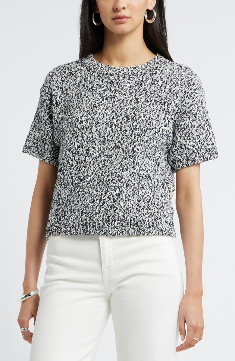 Nordstrom Marled Knit Short Sleeve Sweater, Main, color, Black-Ivory Marl