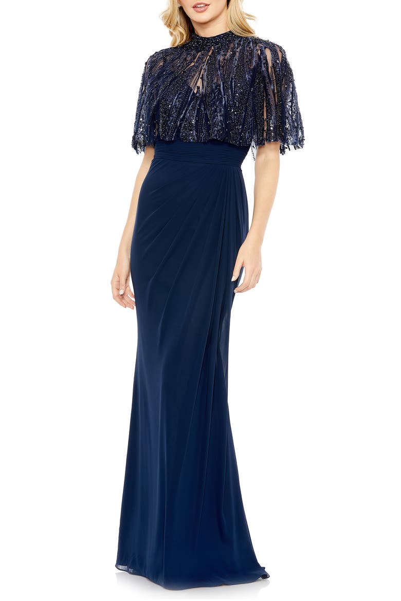 Beaded Capelet Gown, Main, color, NAVY