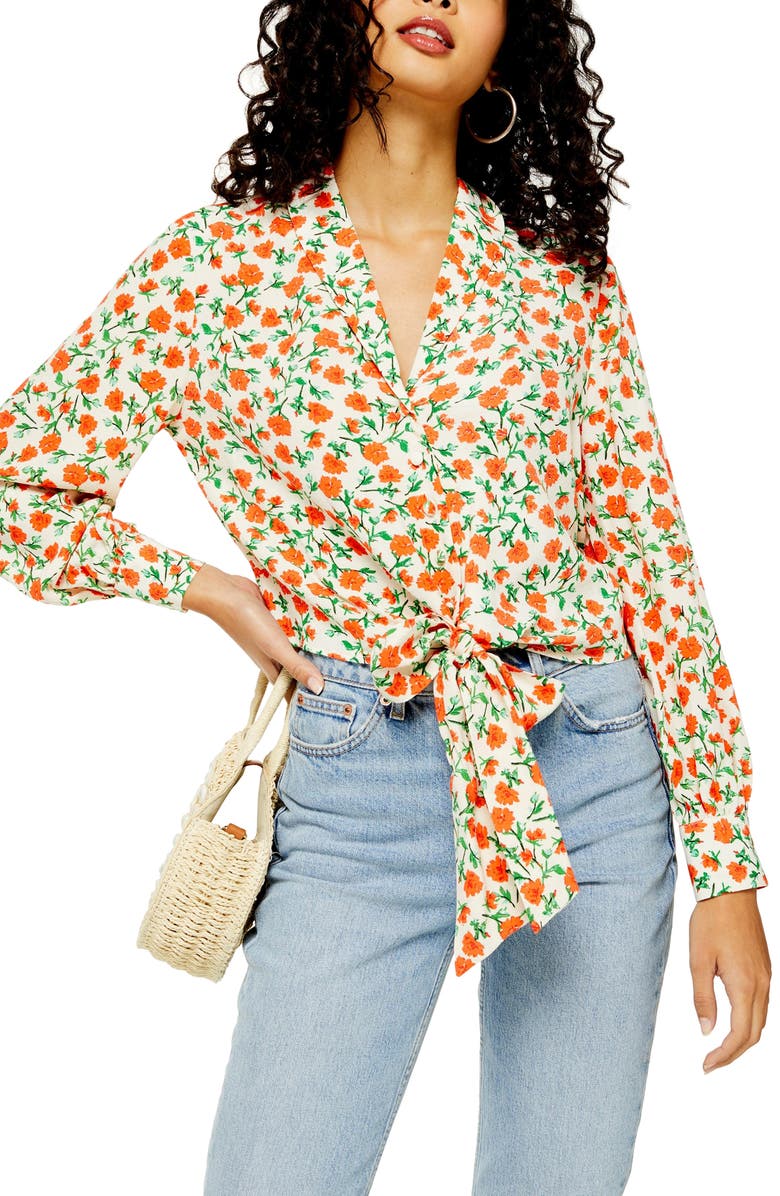 Topshop Floral Knot Front Shirt, Main, color,