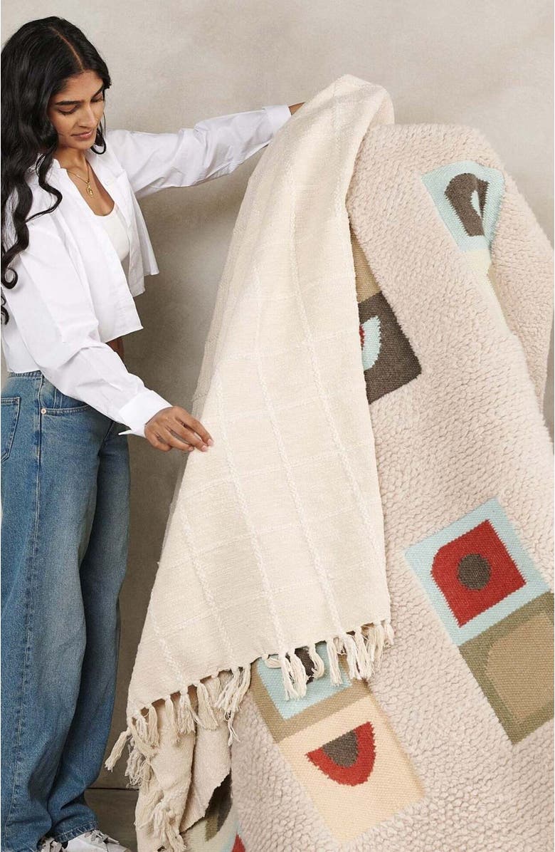 Studio Variously Sea Shell White Textured Checks Handloom Throw, Alternate, color, White