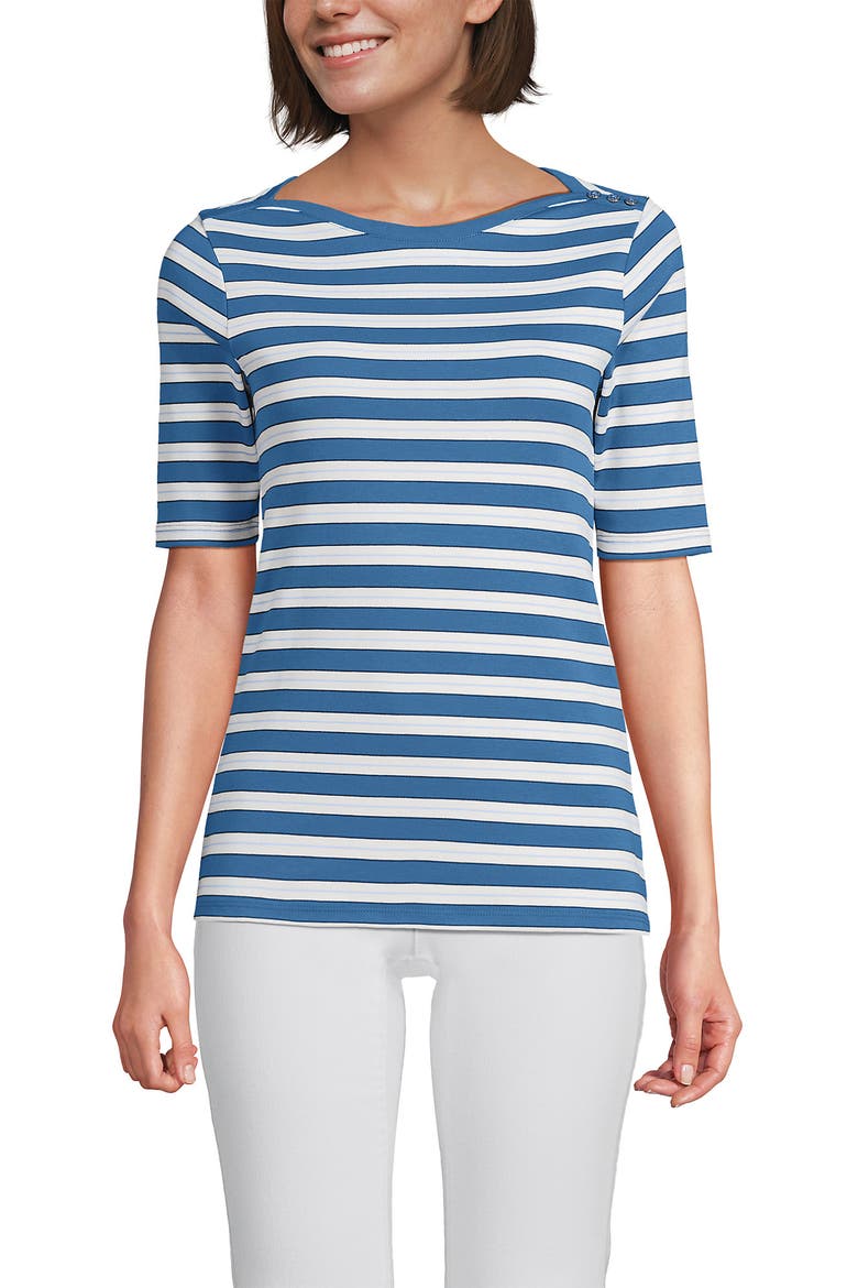 Supima Cotton Elbow Sleeve Boatneck Button Shoulder Tee, Main, color, Teal Blue Ocean Multi Stripe