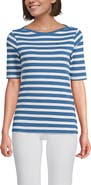 Lands' End Supima Cotton Elbow Sleeve Boatneck Button Shoulder Tee