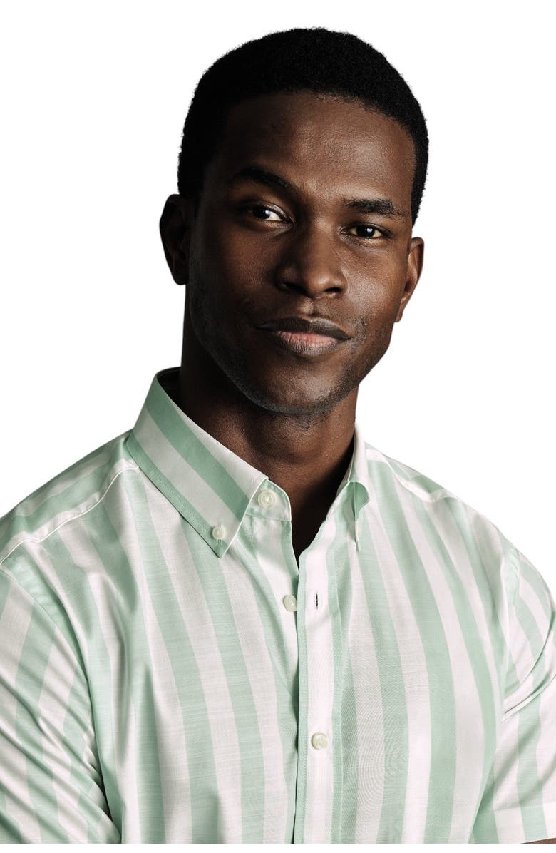 Charles Tyrwhitt Non-Iron Stretch Poplin Slub Short Sleeve Shirt, Alternate, color, Aqua Green