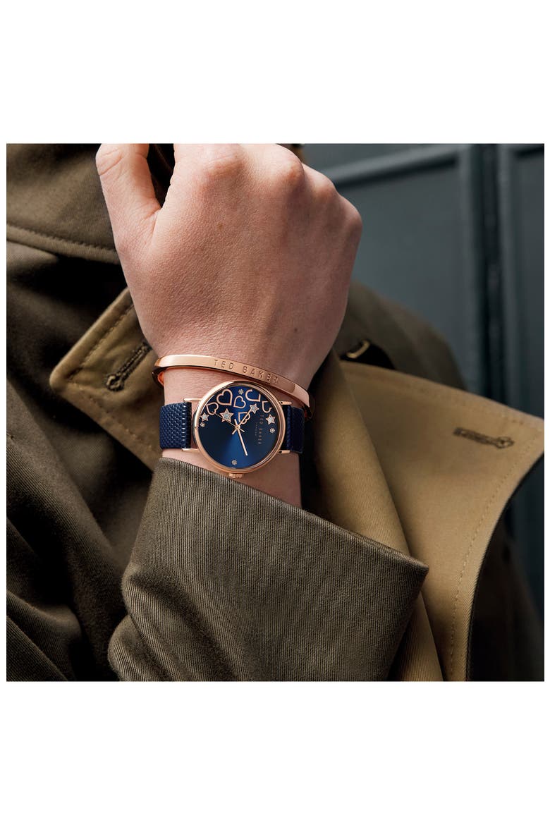 Phylipa Leather Strap Watch & Bangle Bracelet Set, 34mm, Alternate, color, ROSE GOLD/ BLUE/ BLUE
