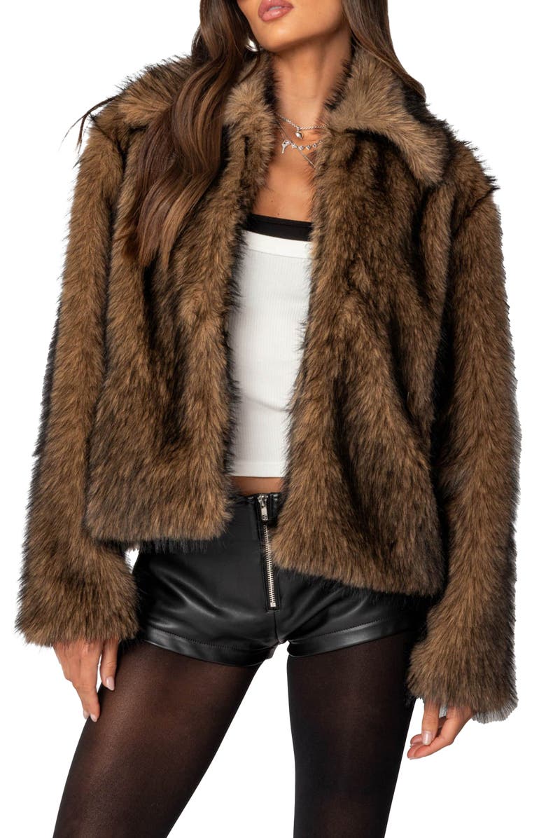 EDIKTED Faux Fur Jacket, Main, color, Brown